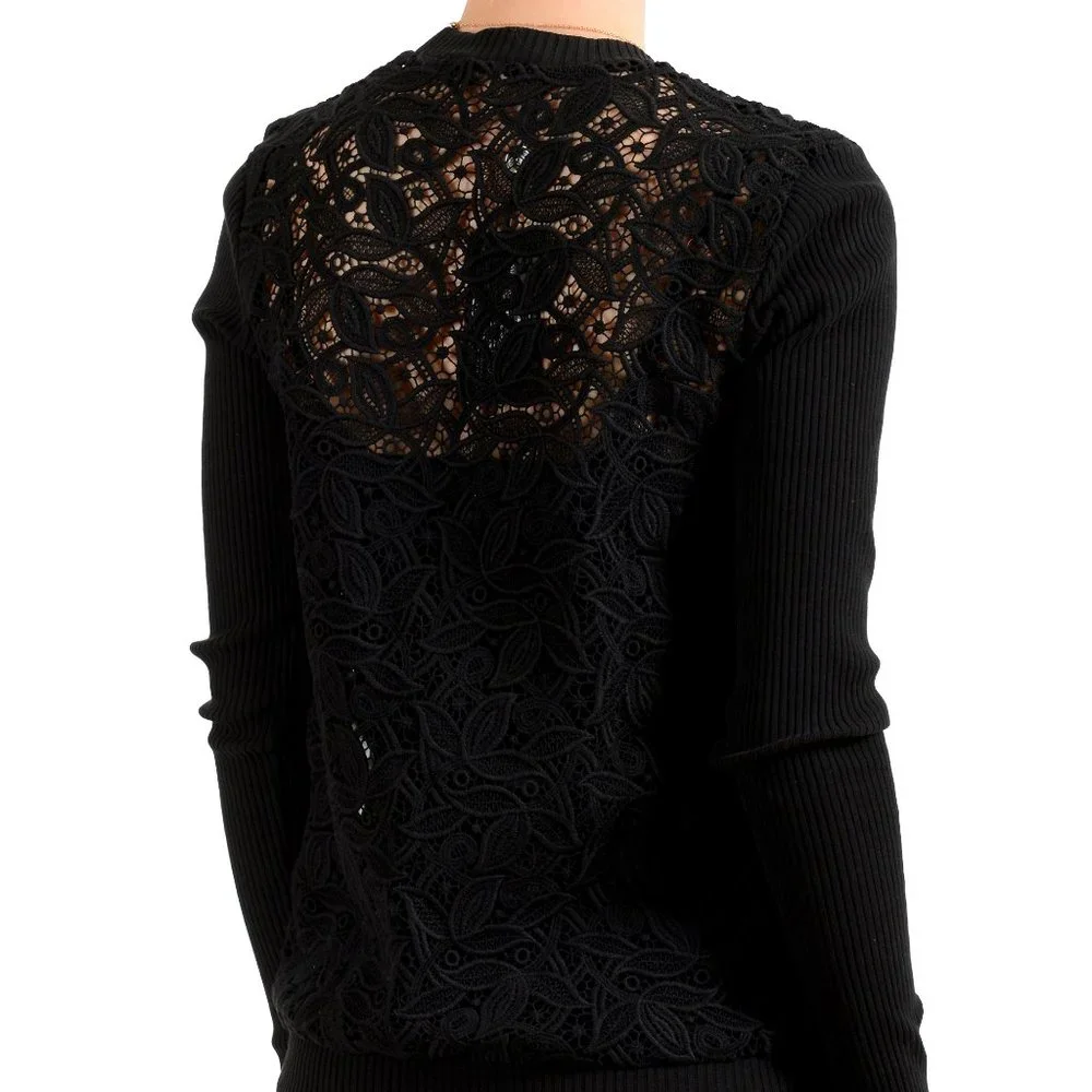 Versus by Versace Women's Black Floral Print Lace See Through Crewneck Sweater - Picture 3 of 7
